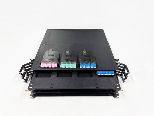 Beli Panel Patch Fiber Optik Geser Bongkar MPO Rak Data Center Solusi 144 Inti untuk MPO ke LC MTP 2U 19 Inci Kepadatan Tinggi pembuatan online
